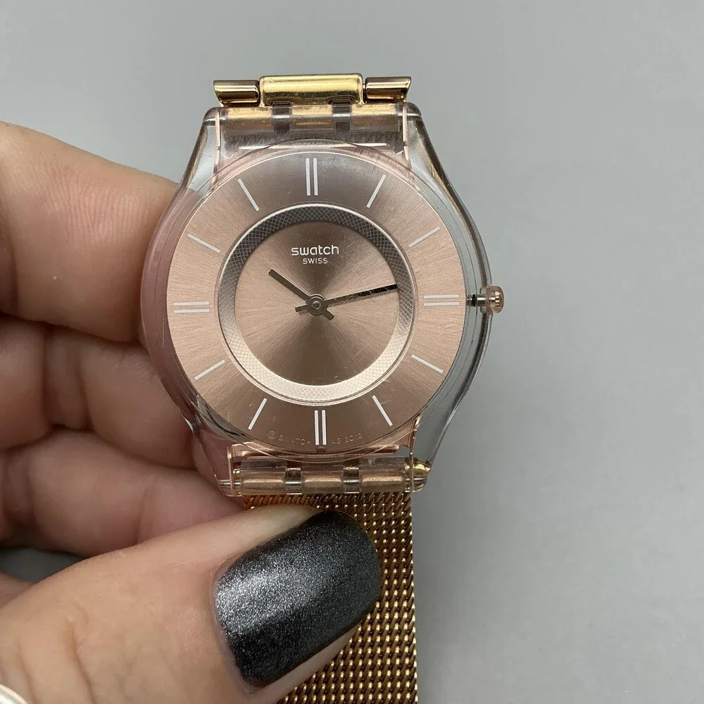 Swatch Hello Darling Womens Watch 33mm Rose Gold Tone Mesh New Battery